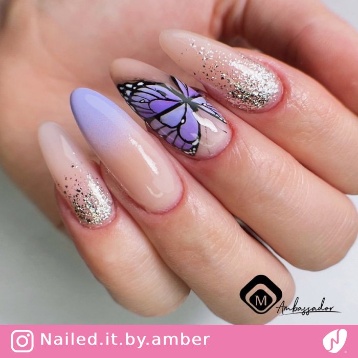Lilac Butterfly Nails with Silver Glitters